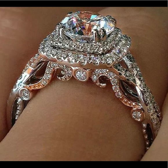 Sterling silver rose gold round cut solitaire halo wedding ring white Sapphires - Picture 11 of 11